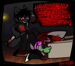 ambiguous_gender anthro armwear band_shirt black_body black_bottomwear black_clothing black_footwear black_fur black_pants black_shirt black_shoes black_topwear blood blood_from_eye blood_in_hair blood_on_clothing blood_on_eye blood_on_face blood_on_ground blood_on_knife blood_on_pants blood_on_shirt blood_on_shoe bodily_fluids bottomwear broken_jaw bruised bruised_face clothing combat_knife concrete curb_stomping denim denim_bottomwear denim_clothing dialogue dipstick_tail duo dying ear_piercing evergreen_tree evil_grin fence fishnet_armwear fishnet_clothing fog foggy_background footwear fur gash gore inner_ear_fluff jeans killing knife magenta_shirt male markings misogyny mocking night nosebleed pants piercing pine_tree plant polygonal_speech_bubble red_clothing red_eyes red_footwear red_shoes sexism sharp_teeth shirt shoes smile speech_bubble stab street_lamp subcutaneous_fat tail tail_markings teeth tooth_removal topwear torn_bottomwear torn_clothing torn_jeans torn_pants tree tuft verbal_abuse xxv4mp_g4z3rxx converse lennox_(xxv4mp_g4z3rxx) violet_redfern canid canine canis lagomorph leporid mammal rabbit wolf 2026 signature