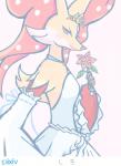 blush breasts clothing crown dress female flower fur headgear holding_object jewelry lipstick makeup necklace plant red_body red_eyes red_fur simple_background small_breasts smile solo tiara wedding_dress white_background yellow_body yellow_fur gd-058 nintendo pokemon canid canine delphox generation_6_pokemon mammal pokemon_(species) 2019