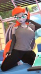 anthro armwear blue_eyes clothing colored_nails elbow_gloves eyewear feet female fingerless_gloves glasses gloves grey_body hair handwear humanoid_feet kneeling looking_at_viewer membrane_(anatomy) membranous_wings nails orange_hair orange_nails orange_tail plantigrade pupils shirt slit_pupils solo tail tank_top topwear wings anthroponiessfm hasbro my_little_pony fan_character grem_(neo_tempest) bat_pony equid mammal 3d_(artwork) 9:16 digital_media_(artwork) hi_res