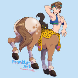 accessory animal_skin anime_eyes blush clothing ear_piercing ear_ring hand_behind_head headband hooves horse_tail leg_wraps looking_at_butt male navel nipples pawpads paws pecs piercing rear_view ring_piercing scratching_head solo topwear vest wraps frankly-art european_mythology greek_mythology mythology milo_kapalouia_(frankly_art) sebastian_(frankly_art) centaur domestic_cat equid equid_taur equine felid feline felis humanoid humanoid_taur leopard mammal mammal_taur pantherine taur 1:1