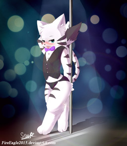 3_toes 4_fingers anthro barefoot black_body black_clothing black_fur black_nose black_topwear black_underwear blue_eyes blush bow_(feature) bow_tie butler clothed clothing dancing digitigrade feet fingers fur heart_symbol holding_fixture inner_ear_fluff lens_flare looking_at_viewer male panties pole raised_tail solo spotlight standing stripes tail toes tongue tongue_out topwear tuft underwear vest white_body white_fur senz domestic_cat felid feline felis mammal 2017 full-length_portrait hi_res portrait