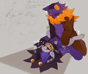 amazon_position ambiguous_gender anthro bell belly blush blush_lines bodily_fluids body_writing breath breathing_noises button_(fastener) button_eyes clothing cum drooling eye_contact feminization fool's_hat fur genital_fluids genitals hat headgear headwear heart_symbol hooves long_fur looking_at_another looking_at_partner looking_down male male/ambiguous onomatopoeia panting patch_(fabric) pawpads paws penis plushie purple_body purple_fur robe saliva scar sex sharp_teeth slightly_chubby slightly_chubby_male sound_effects stitch_(sewing) tail teeth text thick_thighs tongue tongue_out yellow_eyes anonymous_artist deltarune undertale_(series) jevil_(deltarune) seam_(deltarune) animate_inanimate demon felid feline felis humanoid living_plushie mammal hi_res nonbinary_(lore)