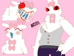 anthro blush blush_lines clothed clothing eyes_closed female open_mouth pink_background sharp_teeth simple_background solo teeth 87sukiyaki mira lagomorph leporid mammal monster rabbit character_name hi_res