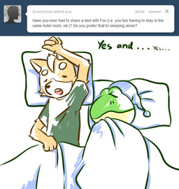 anthro ask_blog bedding black_nose blanket clothing duo eyes_closed fur green_body green_clothing green_shirt green_skin green_topwear hat headgear headwear male nightcap open_mouth orange_body orange_fur pillow shirt sleeping sleeping_together teeth_showing tongue_showing topwear white_body white_fur slippy_o'donnell nintendo star_fox tumblr fox_mccloud slippy_toad amphibian canid canine fox frog mammal red_fox true_fox