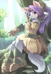 accessory anthro armor blue_hair blush boots breasts clothing detailed_background female footwear forest fur gloves hair hair_accessory handwear horn kemono nature outside plant ponytail purple_eyes purple_hair relaxing shoes solo spikes tail tree white_body white_fur wood kishibe legend_of_mana mana_(series) square_enix sierra_(mana) canid canine canis domestic_dog mammal