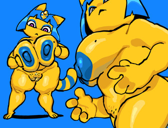 anthro areola big_breasts big_butt blue_areola blue_background blue_body blue_eyeshadow blue_fur blue_hair blue_nipples breasts butt eyelashes eyeshadow feet female front_view fur genitals hair huge_breasts looking_at_viewer makeup markings mole_(marking) mole_on_breast nipples nude plump_labia pubic_stubble short_hair simple_background solo striped_markings striped_tail stripes tail tail_markings thick_thighs uraeus vulva wide_hips yellow_body yellow_fur yellow_inner_ear kardboardian animal_crossing nintendo ankha_(animal_crossing) domestic_cat felid feline felis mammal 2026 digital_media_(artwork) hi_res