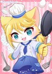 anthro blue_eyes chef chef_hat chef_uniform clothing cookware cutlery egg female fork frying_pan fur hat headgear headwear kitchen_utensils ladle pink_background plate simple_background solo spatula tools white_body white_fur yellow_body yellow_fur clovergame0 cat_busters domestic_cat felid feline felis mammal absurd_res hi_res