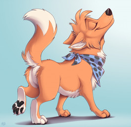 ambiguous_gender black_nose black_pawpads blue_background cheek_tuft claws dipstick_tail eyes_closed facial_tuft feral fur grey_claws kerchief kerchief_only markings mostly_nude multicolored_body multicolored_fur neckerchief neckerchief_only neckwear orange_body orange_fur pawpads paws quadruped simple_background smile snout solo tail tail_markings toony tuft two_tone_body two_tone_fur walking white_body white_fur mimi-fox canid canine canis domestic_dog mammal 2021 colored digital_drawing_(artwork) digital_media_(artwork) hi_res shaded