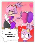 anthro big_eyes blush border breast_squish breasts breasts_frottage clothed clothing dialogue duo eyes_closed female fur gloves hair handwear midriff pink_body pink_fur pink_hair purple_body purple_fur squish text toony white_border sandunky sega sonic_the_hedgehog_(series) amy_rose blaze_the_cat domestic_cat eulipotyphlan felid feline felis hedgehog mammal 4:5 absurd_res comic english_text hi_res