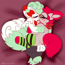 alternate_color ambiguous_gender anal anal_penetration balls bed_sheet bedding big_tail black_clothing black_legwear black_thigh_highs bodily_fluids bow_tie claws clothing crossed_legs cuddling cum cum_in_ass cum_inside duo eyes_closed feral finger_claws genital_fluids genitals hug kerchief kiss_on_lips kissing legwear male multicolored_body multicolored_clothing multicolored_legwear multicolored_thigh_highs neckerchief neckwear paws penetration red_tail simple_background tail thigh_highs toe_claws rockii nintendo pokemon cherrysylveon_(recon) eeveelution generation_1_pokemon generation_6_pokemon hybrid pokemon_(species) sylveon vulpix 1:1 hi_res