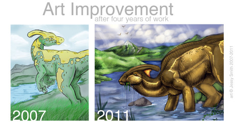 amber_eyes ambiguous_gender bone_frill claws cloud comparison detailed_background duo eating feral frill_(anatomy) grass head_crest looking_back mountain outside plant realistic reeds river sky toony conditional_dnp tojo_the_thief dinosaur hadrosaurid ornithischian ornithopod parasaurolophus prehistoric_species reptile scalie 2007 2011 detailed