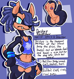 anthro areola black_body black_fur black_nose blue_bottomwear blue_clothing blue_eyes blue_hair blue_nails blue_shirt blue_shorts blue_tank_top blue_topwear bottomwear brown_areola brown_nipples clothed clothing colored_nails dipstick_tail dreadlocks ear_piercing eyelashes fangs female flat_chested front_view fur genitals hair hair_over_eye looking_at_viewer markings nails navel nipple_piercing nipples one_nipple_pierced piercing shirt shorts solo tail tail_markings tan_body tan_fur tank_top teeth text thick_thighs topwear vulva wide_hips mschaox6 canid canine canis dobermann domestic_dog mammal pinscher hi_res