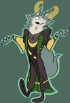 anthro clothing fur green_background grey_body grey_fur horn male simple_background solo edtertainerd beastars marvel thor_(series) legoshi_(beastars) loki_(marvel) canid canine canis mammal wolf hi_res