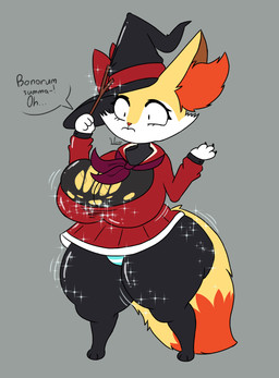 big_breasts black_body body_size_growth bottomwear breast_expansion breast_squish breasts butt butt_expansion clothed clothing dialogue dipstick_tail expansion female fur hat headgear headwear inner_ear_fluff magic magic_wand markings orange_body orange_fur orange_nose panties pattern_bottomwear pattern_clothing pattern_panties pattern_underwear red_clothing size_transformation solo squish striped_bottomwear striped_clothing striped_panties striped_underwear stripes tail tail_markings text thick_thighs thigh_expansion torn_clothing transformation tuft underwear wardrobe_malfunction white_body white_fur witch_hat yellow_body yellow_fur slem nintendo pokemon nini_(taokakaguy) braixen generation_6_pokemon pokemon_(species) 2022 artist_name english_text hi_res signature