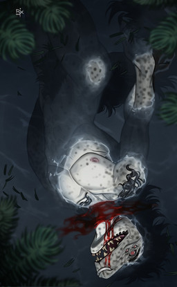 anthro black_eyebrows black_hair blood bodily_fluids crotch_tuft death eyebrows facial_piercing featureless_crotch gore hair logo male markings nipples nose_piercing nose_ring nude open_mouth partially_submerged piercing pupils red_eyes red_nipples ring_piercing septum_piercing septum_ring sharp_teeth simple_background slit_pupils slit_throat solo spots spotted_body teeth tuft riorix 2019 artist_logo dated hi_res