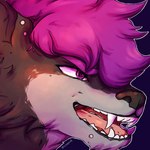 anthro black_nose brown_body brown_fur ear_piercing ear_stud fangs fur grey_body grey_fur hair male open_mouth piercing pink_tongue purple_eyes purple_hair solo teeth tongue lionfloof skylar_(nibblesok) canid mammal 1:1 headshot_portrait hi_res portrait