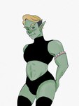 abs ambiguous_gender armband blonde_hair clothing crop_top ear_piercing green_body green_skin hair humanoid_pointy_ears legwear muscular muscular_humanoid panties piercing pointy_ears shirt solo thigh_highs tight_clothing topwear undercut underwear chalomolinaa drawfee_(copyright) drawtectives gyorik_rogdul humanoid orc hi_res