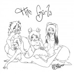 anthro breasts butt female group hair looking_at_viewer lying nipples one_eye_closed sitting smile foxielove cocoa foxie loray xiu ailurid canid canine fox lagomorph leporid mammal rabbit red_panda rodent sciurid tree_squirrel 1:1 monochrome