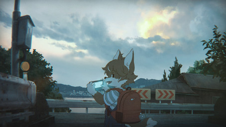 anthro backpack cellphone clothing cloud electronics holding_cellphone holding_object holding_phone holding_smartphone kemono looking_at_viewer looking_back looking_back_at_viewer male open_mouth outside overalls pattern_clothing pattern_shirt pattern_topwear phone red_backpack road road_sign shirt smartphone solo striped_clothing striped_shirt striped_topwear stripes topwear young young_anthro young_male nishiko24 ookami_(nishiko24) canid canine canis mammal wolf 2024 hi_res japanese_description