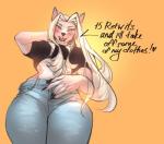 anthro big_breasts breasts clothed clothing dialogue female simple_background solo text qrichy alicia_(qrichy) canid canine mammal absurd_res english_text hi_res