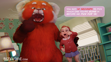 anthro bedroom duo female open_mouth speech_bubble text throat tongue uvula vore young bizyvore disney pixar turning_red meilin_lee_(turning_red) ailurid human mammal red_panda 2026 3d_(artwork) digital_media_(artwork) hi_res url