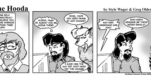 anthro beard breasts clothed clothed_female clothed_male clothing computer dialogue dipstick_ears ear_markings electronics eyewear facial_hair female fur glasses group hair male multicolored_ears text trio style_wager dela_the_hooda dela_aldershaw frank_dunn ross_(dela_the_hooda) canid canine fox hooda human mammal 2004 comic english_text greyscale monochrome