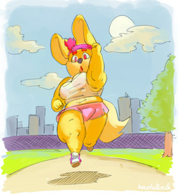 accessory anthro belly big_breasts breasts bulge city clothing cloud exercise fluffy fluffy_tail footwear gynomorph headband intersex jogging midriff muffin_top outside park plant pose puffed_cheeks running shoes shortstack sneakers solo stretched_crop_top sunny tail thick_thighs topwear tree vest hocolatemilk trish_(hocolatemilk) canid canine canis domestic_dog herding_dog mammal pastoral_dog welsh_corgi absurd_res hi_res pinup