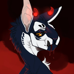 anthro back_tuft black_sclera black_teeth blood blood_from_mouth blood_in_mouth blue_body blue_fur bodily_fluids chest_tuft dark_body dark_fur fur glistening glistening_eyes head_tuft horn male orange_eyes red_horn simple_background solo teeth tuft unsigned white_body white_fur riorix species_request bust_portrait portrait