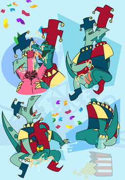 2_penises amusement_ride anal anal_fingering anthro balls bell black_eyes bodily_fluids body_hair bottomless bottomless_anthro bottomless_male cheek_bulge claws clothed clothing clothing_lift confetti cum cum_in_mouth cum_inside cum_on_face cum_on_penis cum_splatter cum_string cumshot deep_throat detailed_background disembodied drinking drinking_cum duo ejaculation erect_tail erection eyes_closed fellatio ferris_wheel finger_claws fingering food fool's_hat genital_fluids genitals half-closed_eyes hat headgear headwear holding_mouth holding_mouth_shut jester kissing leg_hair leg_lick licking looking_pleasured male male/male masturbation multi_genitalia multi_penis multicolored_body multicolored_scales narrowed_eyes navel open_mouth oral oral_masturbation oral_penetration orgasm orgasm_face penetration penile penis penis_lick pink_body popcorn popcorn_bucket pubes raised_tail saliva saliva_string scales sex shirt shirt_lift sitting spread_legs spreading sucking tail teal_body teal_scales tongue topwear two_tone_body two_tone_scales yelling yellow_sclera hwantsarts blazing_dragons mythology nelvana cinder_(blazing_dragons) clinker_(blazing_dragons) dragon human mammal mythological_creature mythological_scalie scalie hi_res signature