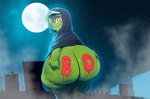 2023 alien anthro big_butt bodypaint butt clothing costume fog foggy_background ghostface_(scream) glistening glistening_butt green_body green_skin hand_on_butt hi_res huge_butt humanoid jay_(sqoon) looking_at_viewer male orange_eyes outside puwa smile solo sqoon thick_thighs