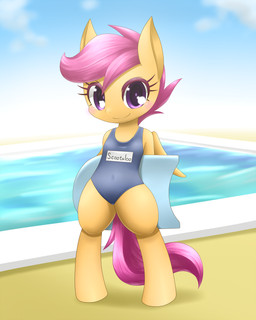 anthro biped clothing female flotation_device hair looking_at_viewer one-piece_swimsuit orange_body purple_eyes purple_hair purple_tail school_swimsuit semi-anthro smile smiling_at_viewer solo swimming_pool swimwear tail wings hashioaryut friendship_is_magic hasbro my_little_pony mythology scootaloo_(mlp) equid equine mammal mythological_creature mythological_equine pegasus 2015 4:5