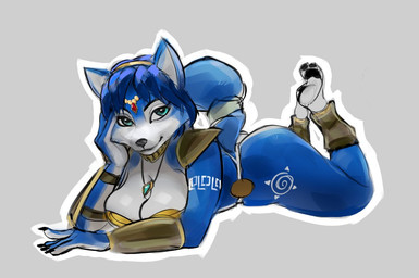 anthro barefoot big_breasts big_butt black_nails black_nose black_pawpads blue_body blue_fur blue_hair breasts butt claws colored_nails feet feet_up female finger_claws front_view fur green_eyes grey_background hair looking_at_viewer lying nails on_front pawpads simple_background smile soles solo thick_thighs white_body white_fur wide_hips sumamiarts nintendo star_fox krystal_(star_fox) canid canine fox mammal