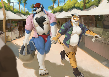 4_toes 5_fingers aloha_shirt anthro areola bazaar beard belly biceps big_muscles big_pecs biped black_beard black_body black_claws black_clothing black_ears black_eyebrows black_facial_hair black_fur black_hair black_nose black_pubes black_shirt black_topwear blue_body blue_ears blue_fur blue_sky body_hair bottomwear brown_body brown_bottomwear brown_clothing brown_eyebrows brown_fur brown_markings brown_shorts brown_stripes bulge button_(fastener) cheek_tuft chest_hair claws closed_smile clothed clothing cloud countershade_arms countershade_belly countershade_face countershade_fur countershade_legs countershade_neck countershade_torso countershading day dessert detailed_background digit_ring duo_focus eyebrows facial_hair facial_markings facial_scar facial_tuft fangs feet fingers floral_print food food_in_mouth footwear forearm_muscles front_view fur gesture gloves_(marking) green_clothing green_shirt green_topwear group hair hand_gesture hand_holding hat head_markings headgear headwear holding_bag holding_food holding_object humanoid_hands humanoid_legs ice_cream inner_ear_fluff jewelry leg_markings looking_at_another male male/male market market_stall markings married_couple mouth_closed multicolored_body multicolored_fur muscular muscular_anthro muscular_arms muscular_legs muscular_male mustache nipples nose_scar open_aloha_shirt open_clothing open_mouth open_shirt open_smile open_topwear outside palm_tree pantsless pantsless_anthro pantsless_male partially_clothed_anthro partially_clothed_male pattern_clothing pattern_shirt pattern_topwear pecs pink_areola pink_clothing pink_nipples pink_nose pink_shirt pink_topwear plant plus_symbol pointing pubes quads red_areola red_clothing red_hat red_headwear red_nipples red_underwear ring ring_(jewelry) sand sandals scar shirt shoes short_hair shorts sky smile socks_(marking) street_lamp striped_body striped_fur striped_markings striped_tail stripes tail tail_markings teeth thin_tail toe_claws toes tongue_showing topwear tree tuft two_tone_body two_tone_fur underwear walking wearing_hat wedding_ring whisker_spots whiskers white_body white_clothing white_facial_hair white_fur white_hair white_inner_ear white_inner_ear_fluff white_mustache white_pubes white_underwear yellow_body yellow_fur yellow_tail meetupman1 socially_awkward background_character garth_warrick mortimor_warrick canid canine canis felid mammal pantherine tiger wolf absurd_res digital_media_(artwork) hi_res