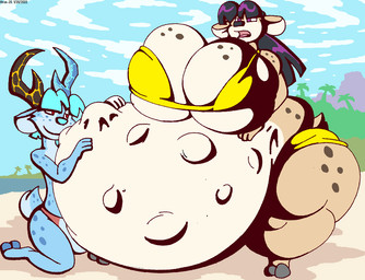 anthro antlers beach belly big_belly big_breasts bikini bikini_bottom bikini_top black_hair blue_body blue_fur blue_hair breasts bulge clothing cloud duo female fetal_movement fur gold_bikini hair horn huge_belly huge_breasts huge_thighs hyper hyper_belly hyper_breasts hyper_pregnancy male markings multicolored_body multicolored_fur open_mouth palm_tree plant pregnant pregnant_anthro pregnant_female purple_eyes sand sky spots spotted_arms spotted_body spotted_breasts spotted_face spotted_fur spotted_hips spotted_markings spotted_shoulders spotted_tail swimwear tail tail_markings tan_body tan_fur thick_thighs thong tree two-piece_swimsuit two_tone_body two_tone_fur underwear water virus-20 golden_week ahura_antelope frostbite_deer antelope bovid deer mammal 2022 digital_media_(artwork)