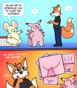 anthro azhire bangs black_nose clothed clothed_male clothing drawing_on_body eyewear female female_focus genitals group male male/female navel nude nude_female pictures pink_nose round_eyewear slightly_chubby smug speech_bubble tail thinking trio vulva whiskers wings nishi_oxnard game_freak nintendo pokemon clair_the_clefable canid canine clefable cricetid fox generation_1_pokemon hamster mammal pokemon_(species) rodent hi_res