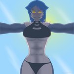 big_breasts blue_hair breasts clothing female hair multicolored_body muscular muscular_female pinned sharp_teeth solo swimwear teeth two_tone_body yellow_eyes kawaiiredpandas monster_girl_island mako_(monster_girl_island) animal_humanoid fish humanoid marine marine_humanoid shark 1:1 absurd_res hi_res