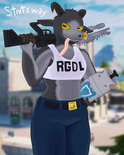 abs anthro athletic athletic_anthro athletic_female belt belt_buckle blurred_background bottomwear buckle building city city_background clothing cloud crop_top day denim denim_bottomwear denim_clothing detailed_background ear_piercing ear_tag female fur grey_body grey_fur gun holding_gun holding_object holding_ranged_weapon holding_shotgun holding_weapon horizontal_pupils horn jeans long_tongue looking_at_viewer mountain outside pants piercing plant pupils ranged_weapon screencap screencap_background shield_keg shirt shotgun sidewalk sky solo street text text_on_clothing text_on_shirt text_on_topwear tilted_towers tongue topwear tree weapon yellow_eyes strutsway coffee_stain_studios epic_games fortnite goat_simulator pilgor_(goat_simulator) bovid caprine goat mammal 2022 4:5 absurd_res artist_name hi_res signature