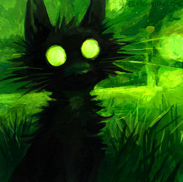 black_body black_fur feral front_view fur glowing glowing_eyes quadruped sitting solo whiskers kenket domestic_cat felid feline felis mammal 2015 green_theme half-length_portrait painting_(artwork) portrait traditional_media_(artwork) traditional_painting_(artwork)