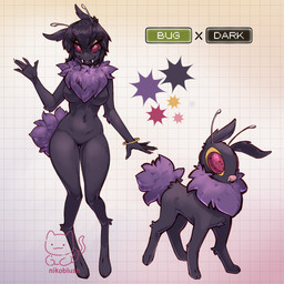 antennae_(anatomy) anthro anthrofied arm_tuft black_body black_fur black_hair breasts chest_tuft elbow_tuft female feral fluffy fluffy_ears fluffy_hair fluffy_tail fur fusion hair multicolored_body multicolored_fur neck_tuft pink_eyes pokemon_fusion purple_body purple_fur short_hair small_waist solo standing tail thick_thighs tuft wide_eyed yellow_body yellow_fur conditional_dnp nikoyishi nintendo pokemon arthropod eeveelution generation_1_pokemon generation_2_pokemon hybrid insect pokemon_(species) umbreon venonat 1:1 2025 absurd_res digital_drawing_(artwork) digital_media_(artwork) full-length_portrait hi_res model_sheet portrait
