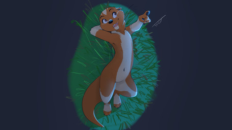 anthro black_nose black_pawpads brown_body brown_fur claws eyebrows fur fur_markings gesture grass hand_gesture looking_up lying male markings multicolored_body multicolored_fur nude open_mouth outside pawpads plant pointing pointing_up simple_background solo teeth text tongue two_tone_body two_tone_fur white_body white_fur trevart mammal mustelid otter 16:9 2021 colored digital_media_(artwork) shaded signature widescreen
