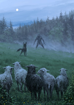 alert ambiguous_anthro ambiguous_feral ambiguous_gender anthro biped bottomwear clothed clothing cloud dark_body dark_fur feral fog forest fur glowing glowing_eyes group imminent_danger loincloth loincloth_only outside peril pivoted_ears plant pointy_ears predator/prey prick_ears quadruped sky standing topless tree white_body white_fur jakub_rozalski mythology bovid canid canine canis caprine domestic_dog herding_dog mammal mythological_canine mythological_creature pastoral_dog sheep sheepdog werecanid werecanine werecreature werewolf 2018 cool_colors formal_art hi_res signature