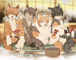 animated_gif anthro balls bucket censored_genitalia censored_penis claws container erection front_view genitals group hot_spring humanoid_genitalia humanoid_penis kemono male male/male open_mouth pawpads penis shota spa steam towel water young young_anthro young_male yrac domestic_cat felid feline felis mammal animated censored short_playtime