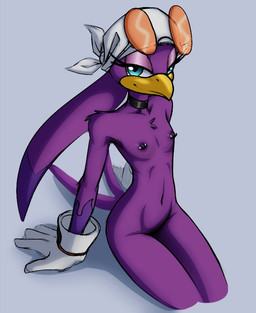 anthro bandana_on_head barbell_piercing blue_eyes choker clothing eyewear feathers female flat_chested forked_tail glasses gloves handwear jewelry looking_at_viewer monotone_background necklace nipple_piercing nipples piercing purple_body purple_feathers resting_on_arms simple_background sitting smile solo tail thighs_together three-quarter_view tinted_glasses unusual_anatomy unusual_tail white_clothing white_gloves white_handwear hush_button third-party_edit jupiterorange_(colorist) sega sonic_riders sonic_the_hedgehog_(series) wave_the_swallow avian bird hirundinid oscine passerine swallow_(bird) digital_drawing_(artwork) digital_media_(artwork) portrait three-quarter_portrait