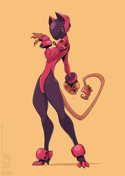 anthro armor brown_body brown_hair claws clothed clothing female footwear fully_clothed gun hair handgun headgear helmet high_heels orange_background pistol ranged_weapon raygun shoes simple_background solo standing weapon zipper conditional_dnp jollyjack domestic_cat felid feline felis mammal 2026