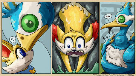 abdominal_bulge avian_feet beak blue_body bodily_fluids facial_markings feathered_crest feathered_wings feathers feet feral feral_pred feral_prey green_eyes head_crest head_markings internal larger_pred male male_pred male_prey markings mask_(marking) membrane_(anatomy) mystery_dungeon_badge neck_bulge oral_vore organs scarf size_difference stomach stomach_acid tail tail_feathers toes vore webbed_feet white_markings wings yellow_markings conditional_dnp foxyoreos gyrotech nintendo pokemon fan_character mystic_(mysticdoesart) thunk_(gyro) avian cramorant fennekin generation_6_pokemon generation_8_pokemon pokemon_(species) 16:9 hi_res widescreen