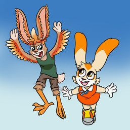 anthro chicken_foot clothed clothing duo ears_up feathers feet female flying fur male male/female simple_background young marcy_(artist) chickenhare_and_the_hamster_of_darkness n_wave_pictures netflix sega sonic_the_hedgehog_(series) chickenhare cream_the_rabbit avian bird chicken galliform hare hybrid lagomorph leporid mammal phasianid rabbit 2022 digital_media_(artwork) hi_res