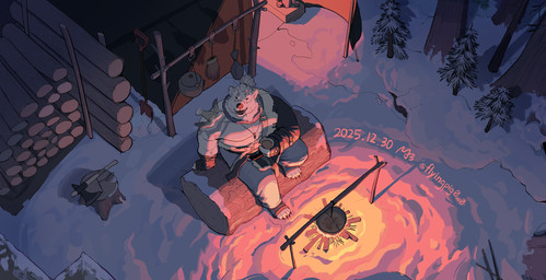 axe black_claws black_nose claws cooking_pot fire fur looking_up solo white_body white_fur flying_pig0w0 bear mammal polar_bear ursine 2025 hi_res signature