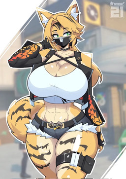 abs anthro big_breasts blonde_hair bottomwear breasts clothed clothing female green_eyes hair hotpants huge_breasts mask midriff muscular muscular_anthro muscular_female shorts solo thick_thighs wearing_mask wide_hips unknown_artist mihoyo zenless_zone_zero pulchra_fellini felid feline mammal thiren