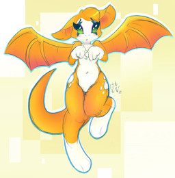 ambiguous_gender anthro barefoot big_ears blush digitigrade ear_blush embarrassed feet fur green_eyes markings nude solo spots spotted_markings wings kemotobi dust:_an_elysian_tail fidget_(elysian_tail) bat mammal nimbat 2015 hi_res