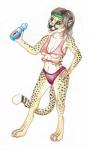 4_breasts anthro blue_eyes bottle breasts brown_hair clothed clothing container digitigrade female fully_clothed fur hair looking_at_viewer multi_breast navel shirt simple_background solo spots tank_top topwear water_bottle yellow_body yellow_fur ronff cheetah felid feline mammal 2014 hi_res